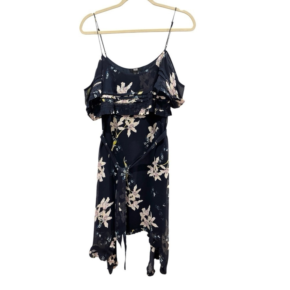 Paige Sahar Cold Shoulder Flutter Silk Navy Blue Floral Lined Dress Size Small - Picture 2 of 9